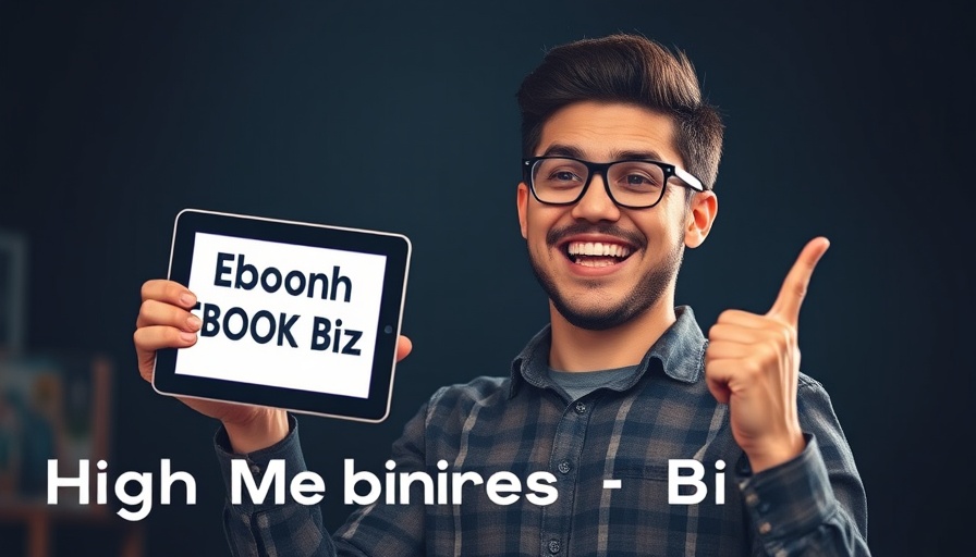 Enthusiastic man holding tablet with ebook business topic.