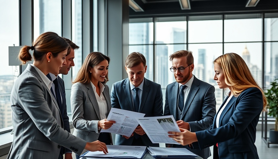 Business professionals discussing selling strategies in modern office.