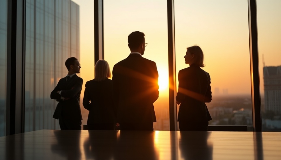 Business professionals contemplating a sale at sunrise, office