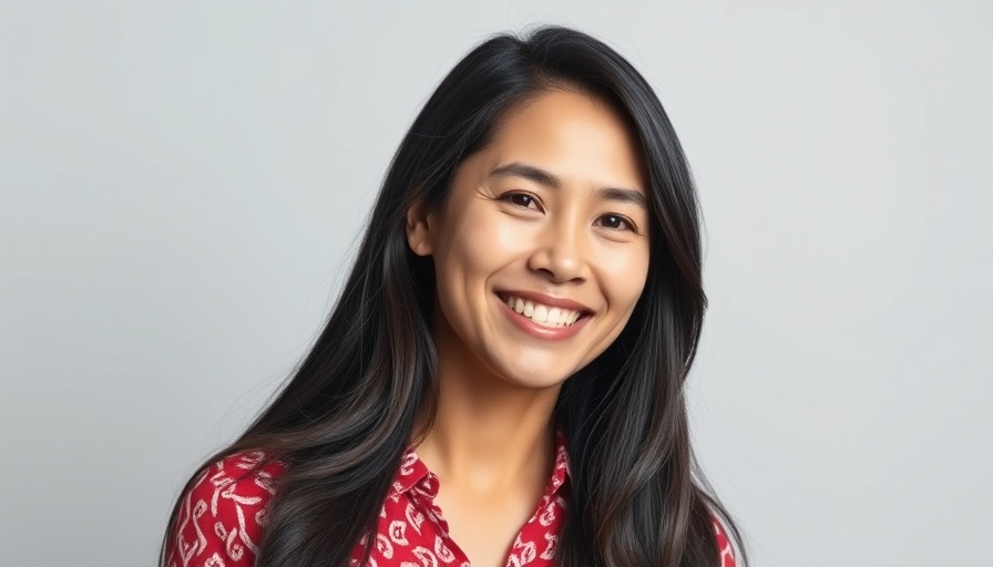 Confident woman in red blouse smiling against plain background.