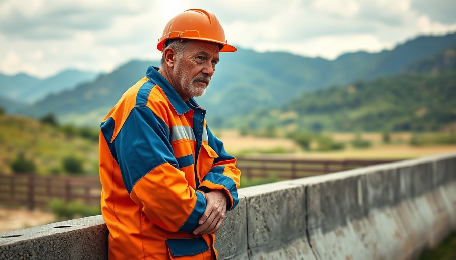 Disaster relief worker leans on barrier amidst rural landscape.