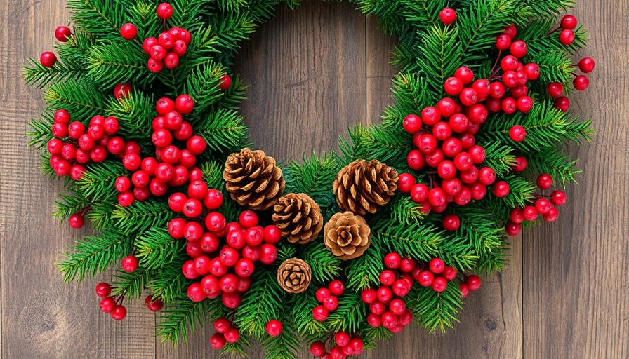 Festive winter wreath with pine cones and red berries on wood.