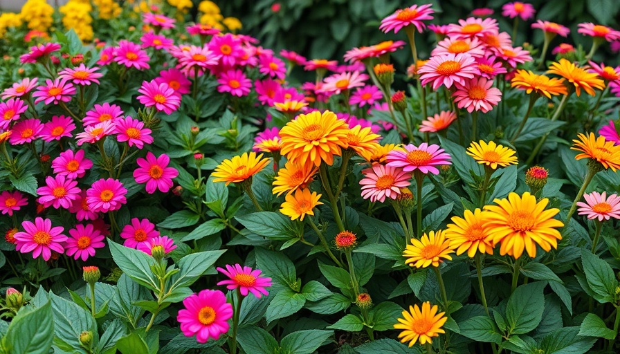 Beautiful fall garden with pink and yellow flowers.