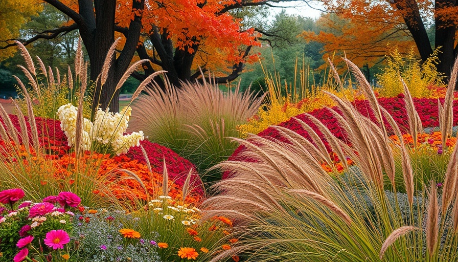 Fall gardening scene with lush flowers and grasses in autumn colors.