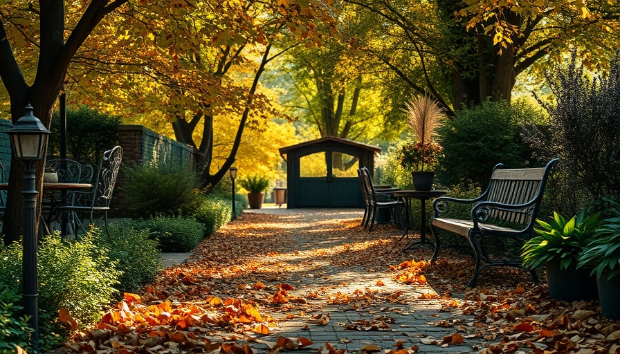 Lush November garden with autumn leaves and rustic furniture.