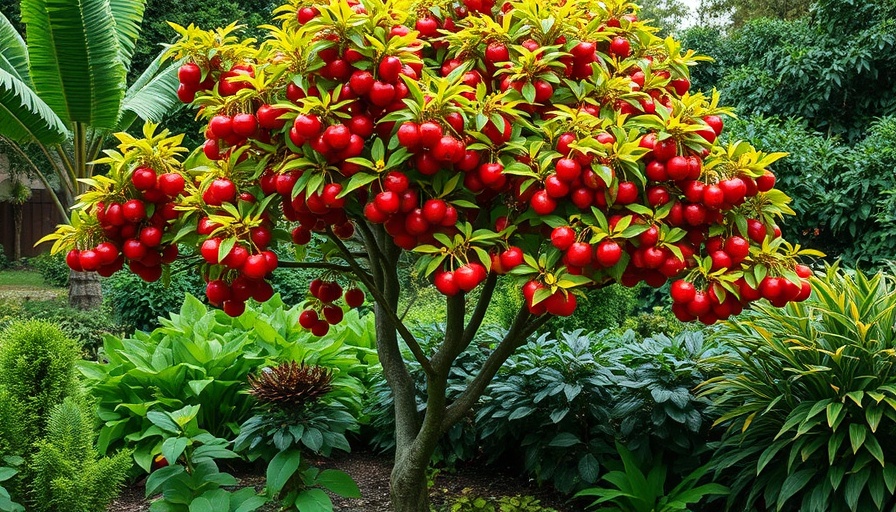 Cherry tree in a lush green garden with vibrant foliage