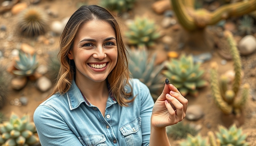 Smiling woman in desert garden practicing pest management.