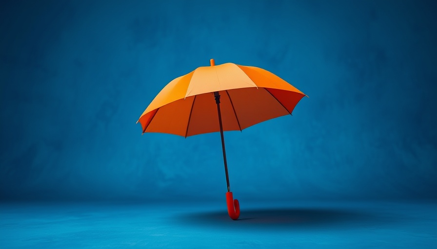 Orange umbrella on blue background symbolizing property insurance.