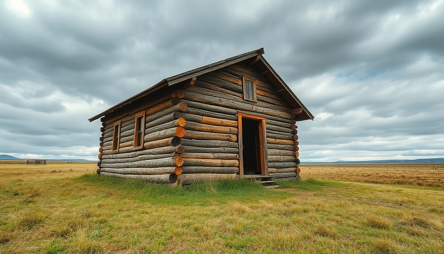 Rustic cabin built from tree poles in an open field