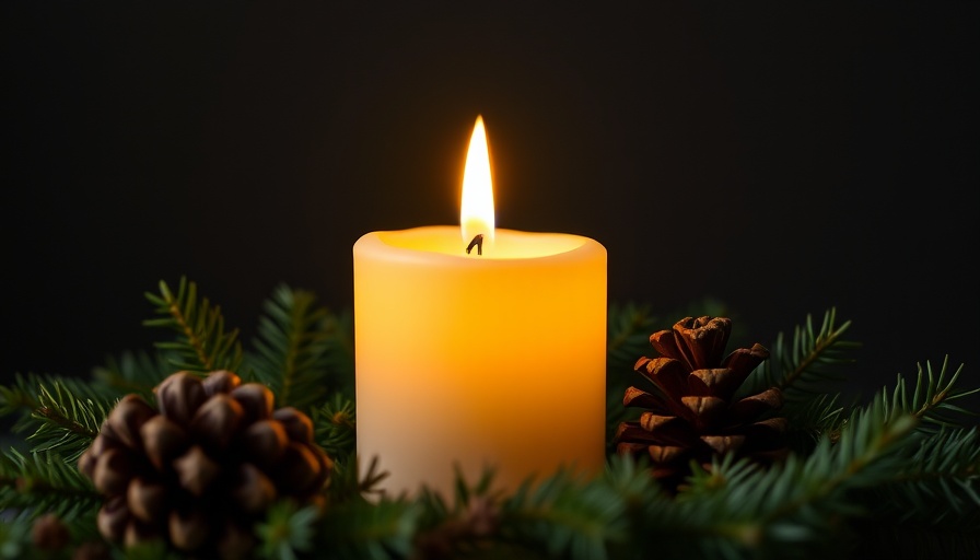 Winter reflection scene with candle and pine cones in dark setting.