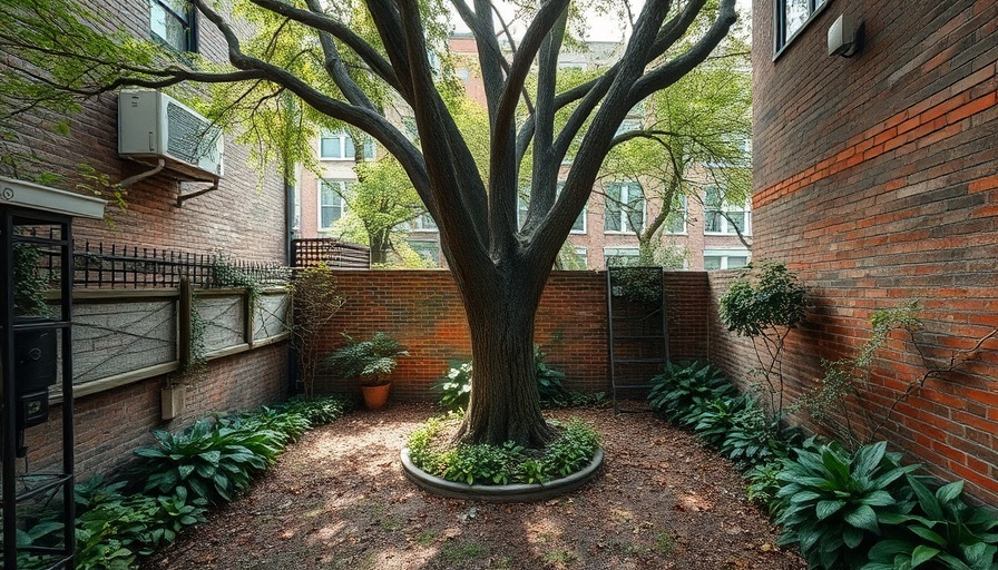 Urban garden tree preservation space with lush greenery.