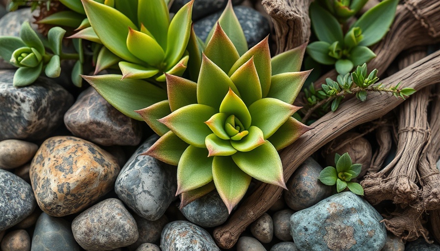 Rustic plant arrangement with stones and foliage in a natural setting.