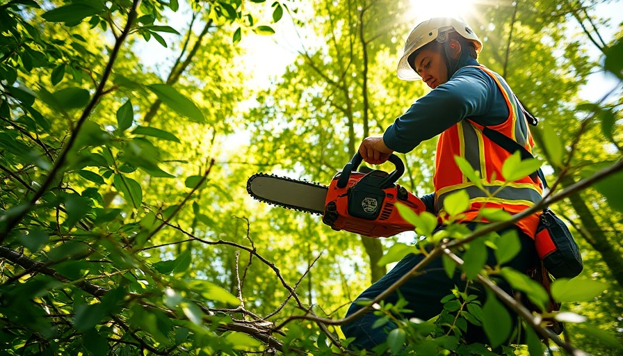 Chainsaw cutting branches in forest, showcasing SpeedCut Nano.