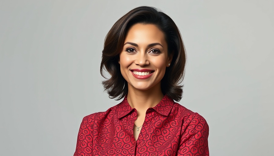 Modern CEO smiling with confidence in a red blouse.