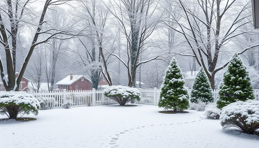 Serene winter garden with snow-covered trees in a peaceful landscape.