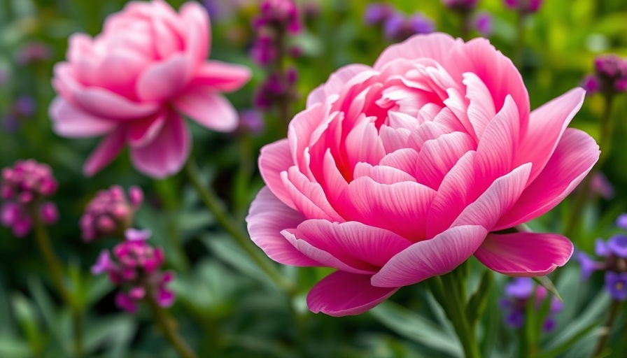 Vibrant pink peony in Joan's Garden with lush greenery.