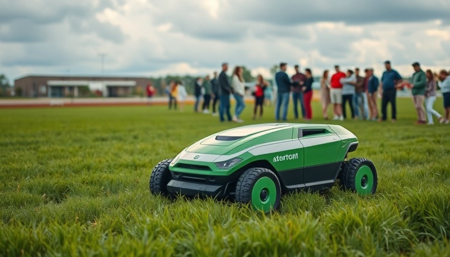 Autonomous mower demonstration with onlookers on a field.