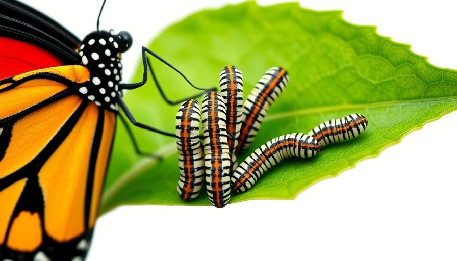 Monarch butterflies and caterpillars on leaf, close-up view.