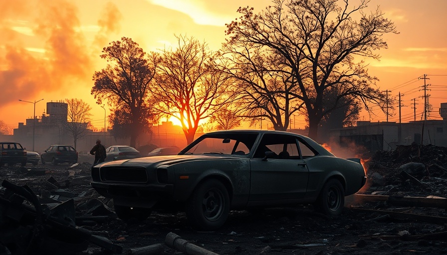 LA wildfires aftermath with burnt car and sunset.