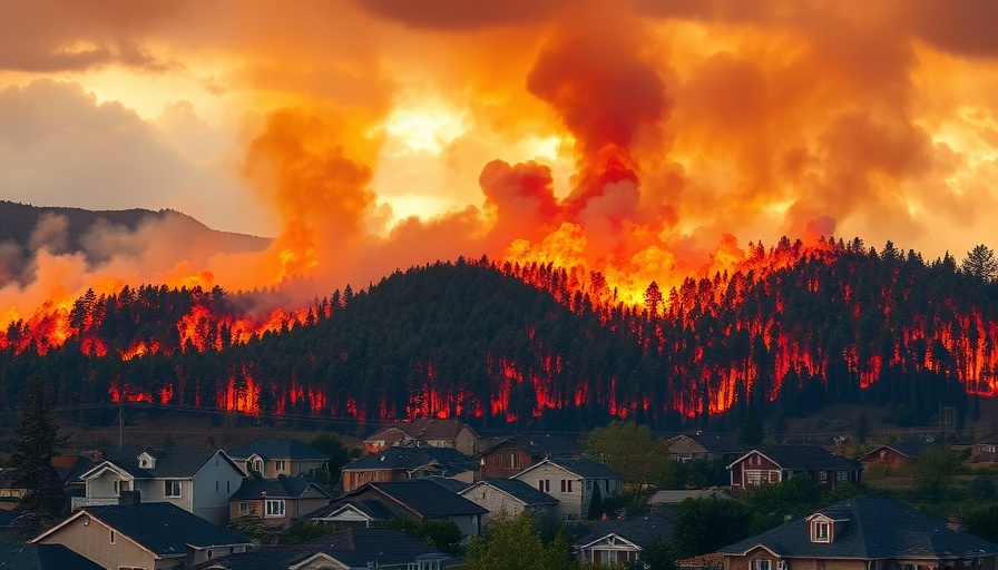 Wildfire near suburban homes illustrating weather whiplash.