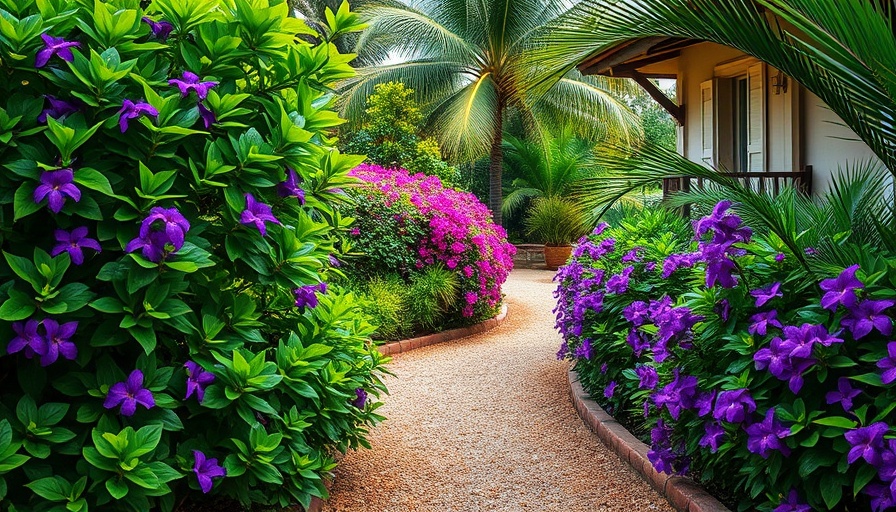 Lush garden path with vibrant plants and tropical greenery