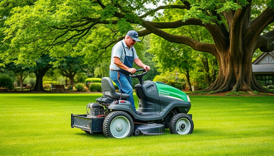 Gardener using QuikTrak Mower on green lawn under a tree.