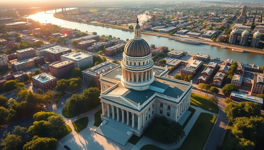 Aerial view of Louisiana State Capitol highlighting its architecture and surroundings.