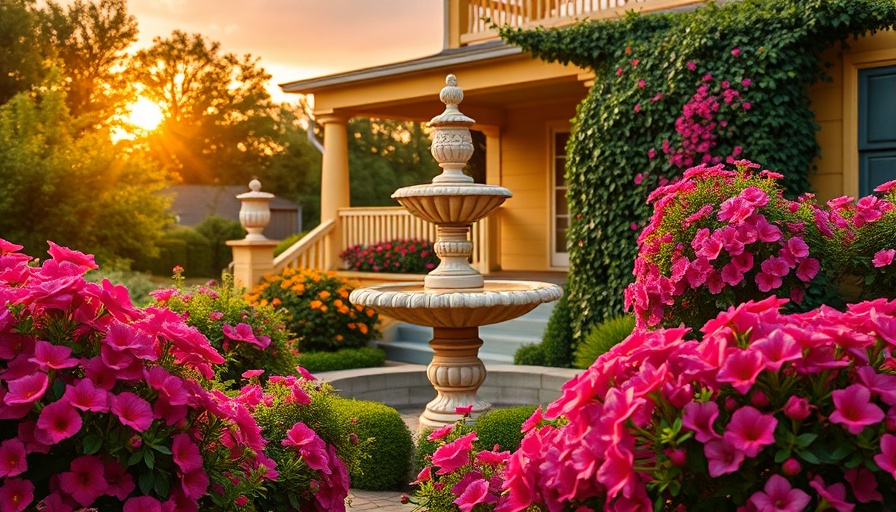 Oregon Garden with urn and vibrant flowers at sunset.