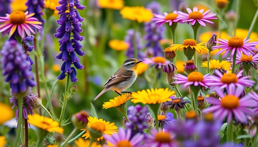 Vibrant habitat garden scene with a small bird among wildflowers.