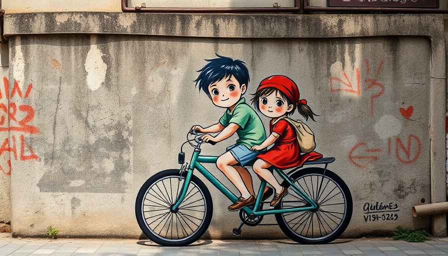 Street art mural of children on bike, Pyrocene theme.