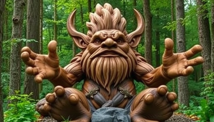 Wooden troll sculpture in Coastal Maine Botanic Garden forest.