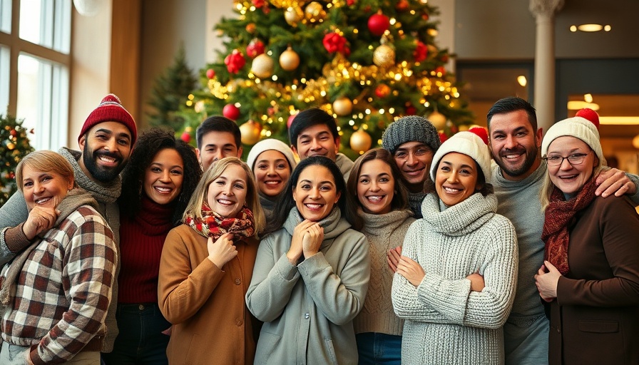 Festive group photo by Christmas tree for Landscaping Community.