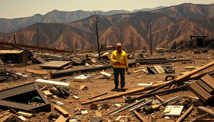 LA wildfires devastation, rubble and hills, emergency worker present