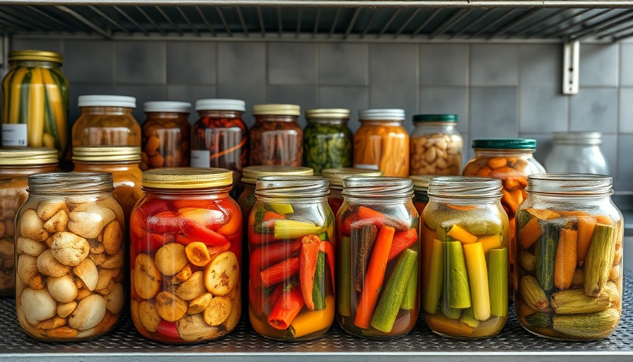 Traditional fermentation jars on rustic shelves with pickles.