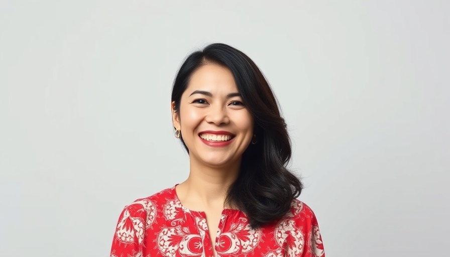 Woman smiling in red patterned blouse, neutral background