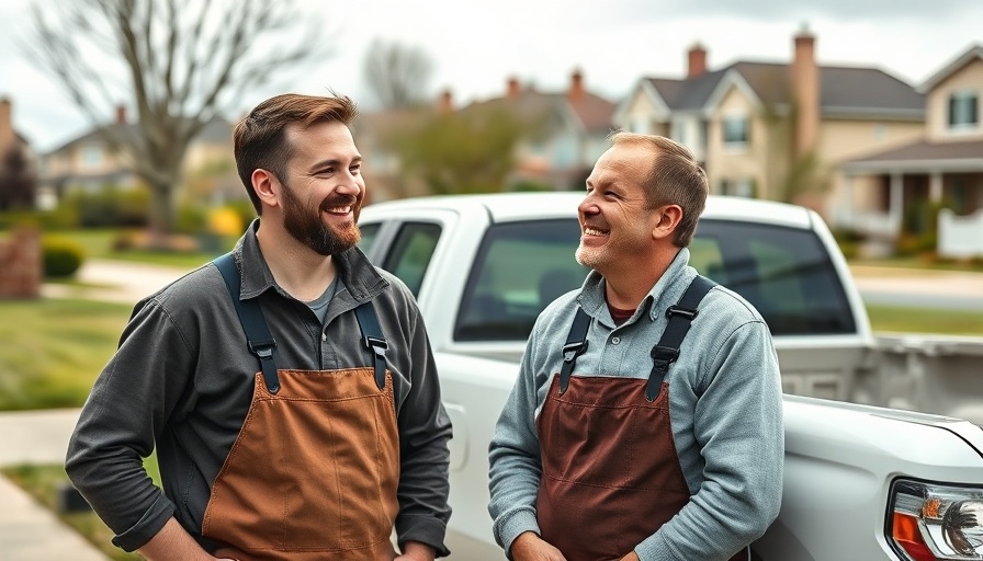 Two landscapers enjoying a light moment by truck, landscaping industry.