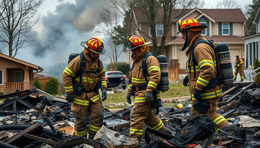 Firefighters examining LA Wildfires aftermath debris.