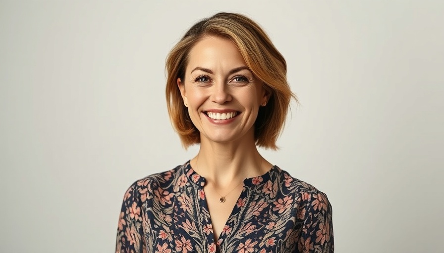 Woman in a red patterned blouse smiling confidently.