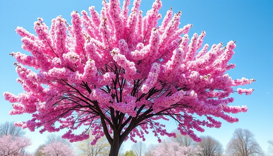 Pink blossoms on a unique fruit tree against blue sky.