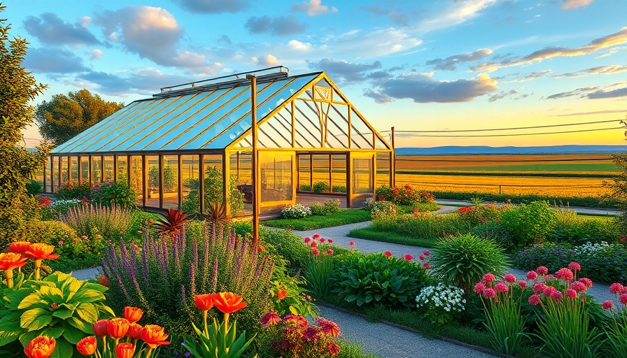 Dawn's Prairie Gardens at sunset with colorful greenhouse.