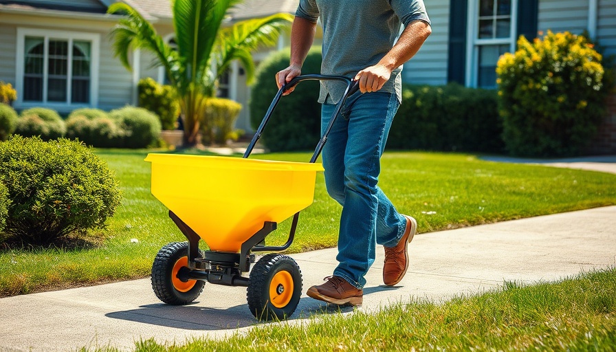 Person using spreader sprayer on suburban driveway.