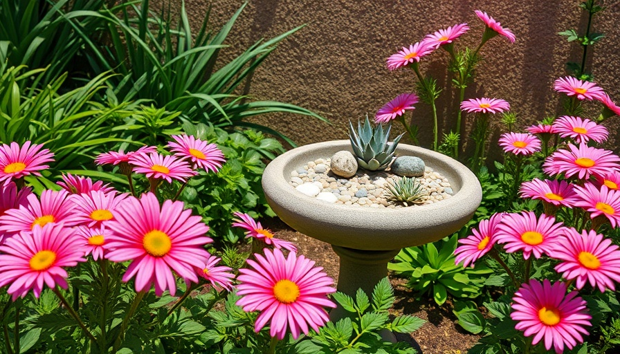 Healing garden with daisies and birdbath in soft sunlight.