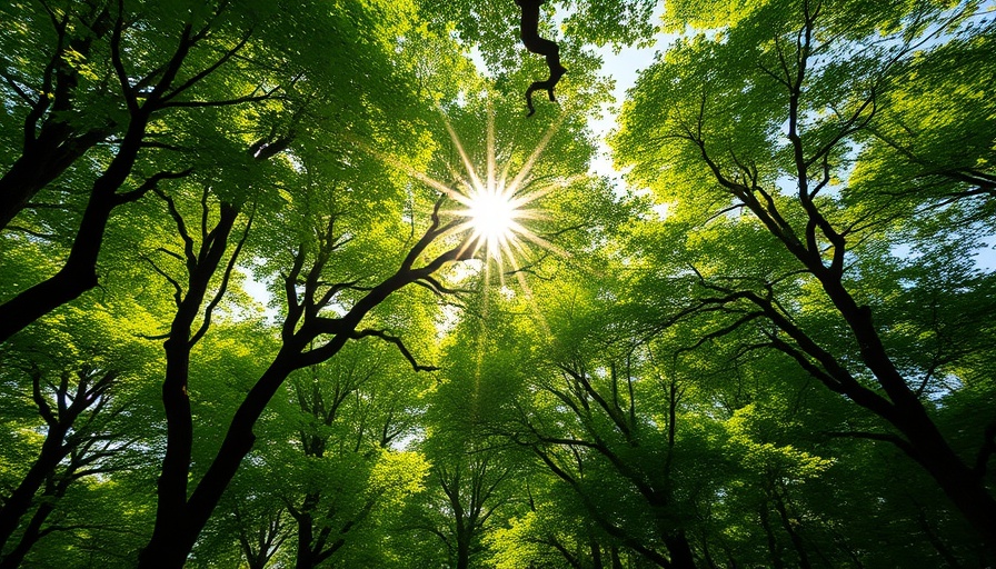 Sunlit tree canopy with vibrant green leaves and starburst effect, wide boundary sovereignty theme.