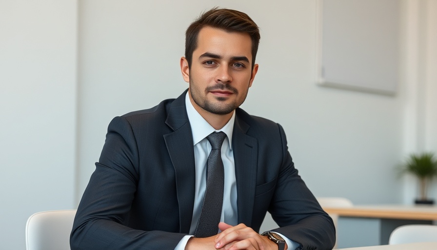 Young man in a suit, neutral expression, in an office setting.