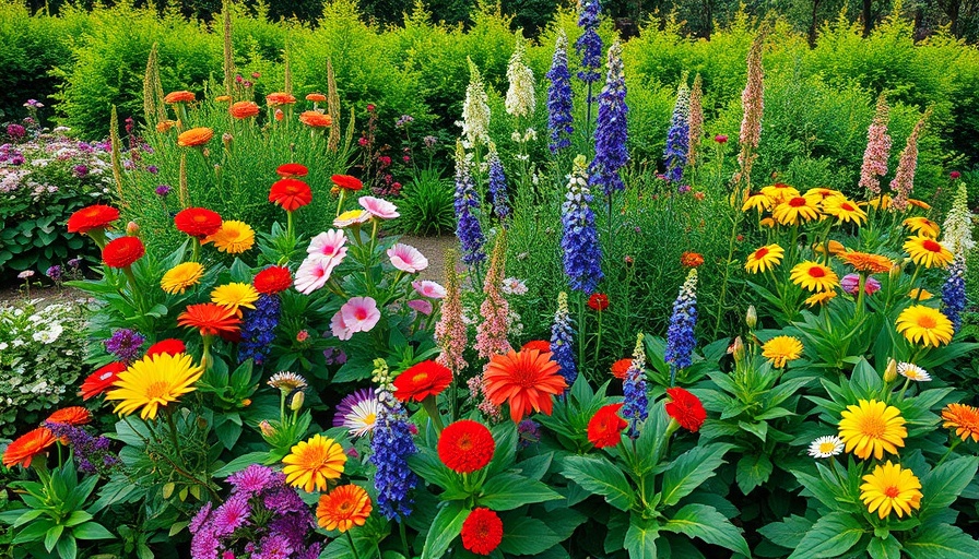 Vibrant garden with diverse flower borders and lush foliage.