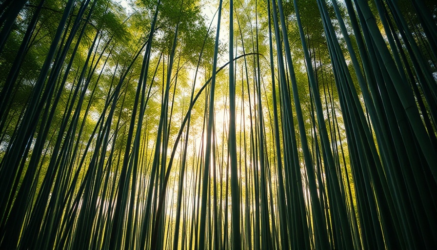 Bamboo forest in soft sunlight with autumn foliage.