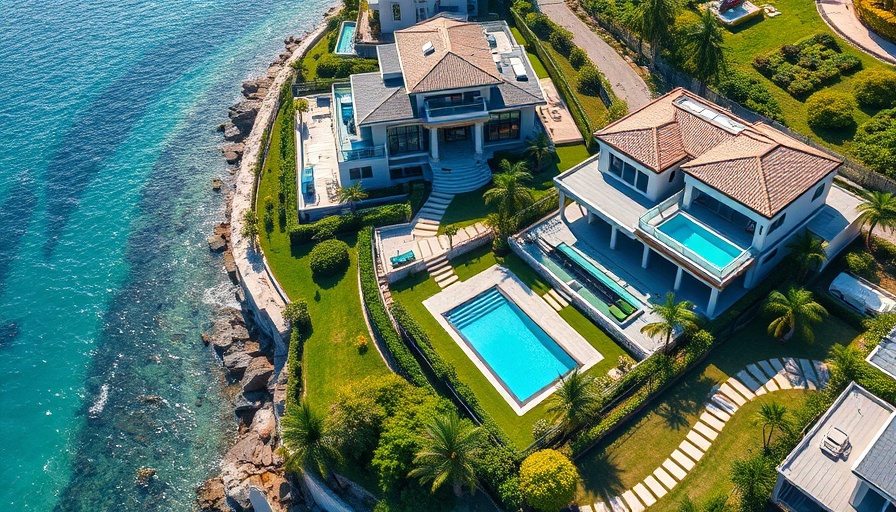 Aerial view of coastal homes with hardscape solutions.