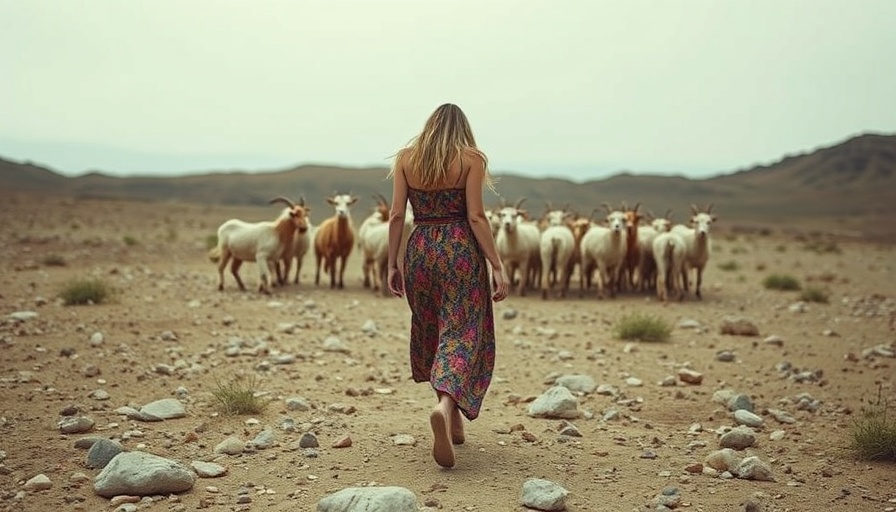 Woman in arid landscape walking towards goats, depicting water retention issues.