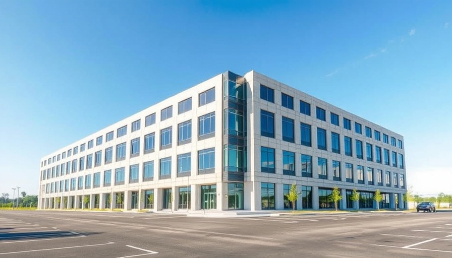 Modern office building with empty parking lot, selling a business.