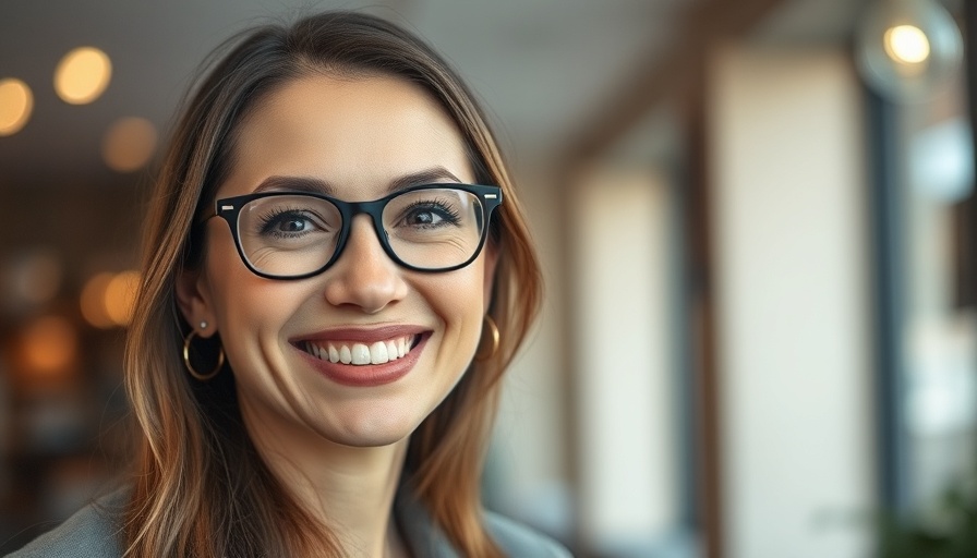 Woman with glasses smiling indoors, expressing happiness.